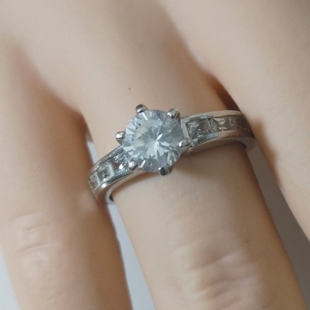 Engagement Ring Channel Set Clear Accent 925 Sterling Silver Round Brilliant Cut